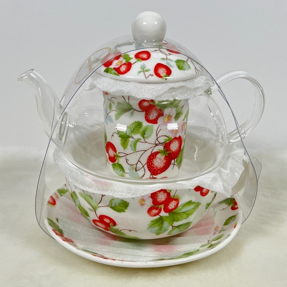 NEW Grace Teaware 5-Piece Glass Porcelain 13OZ Tea For One w/ Infuser Strawberry - Picture 1 of 7